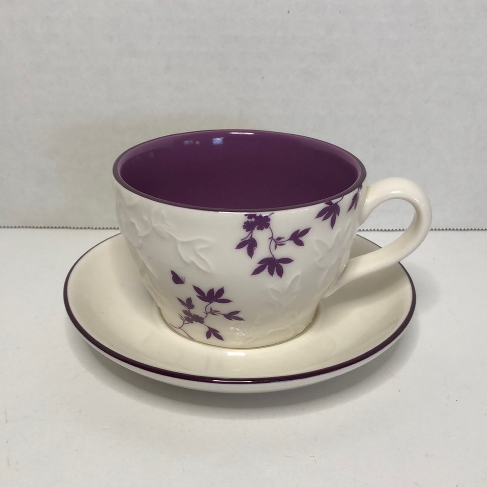 2006 Starbucks Purple Floral Embossed Leaves Tea Cup and Saucer